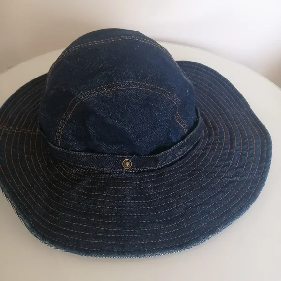 Women's Navy Wide-Brim Denim Sun Hat Vintage - Picture 6 of 12